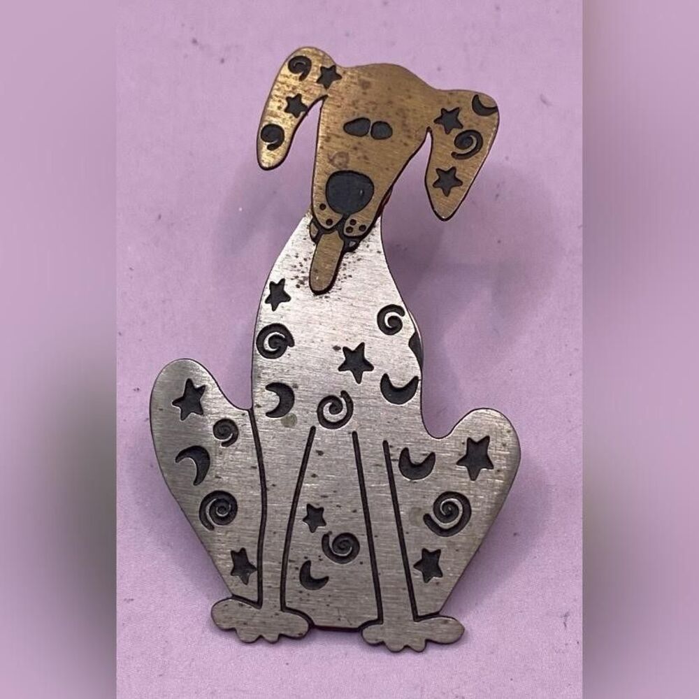 Whimsical Dog Lapel Pin Brooch Two Tone Metal Celestial Moon Star Design 1.75”